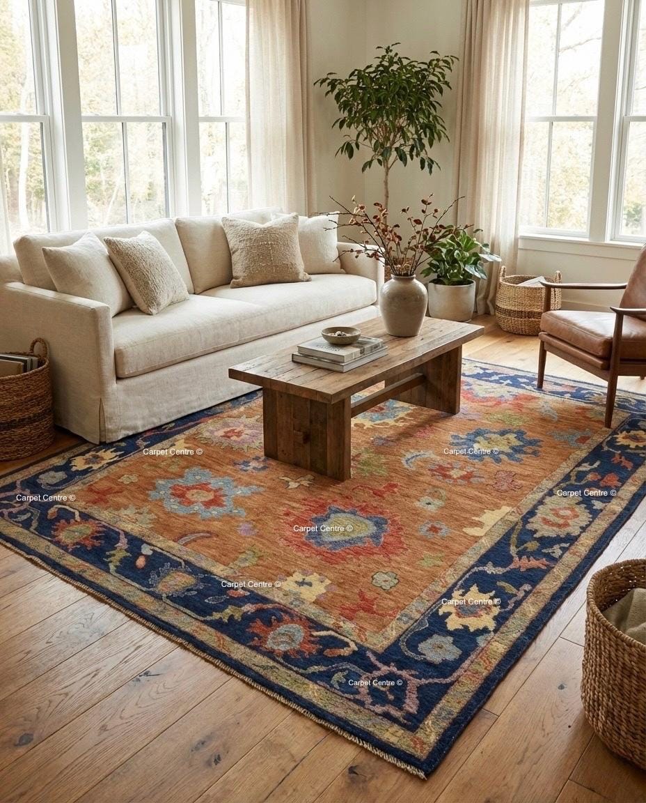 Hand Knotted Wool Oushak Rug – Rust Orange & Navy, Turkish Knot