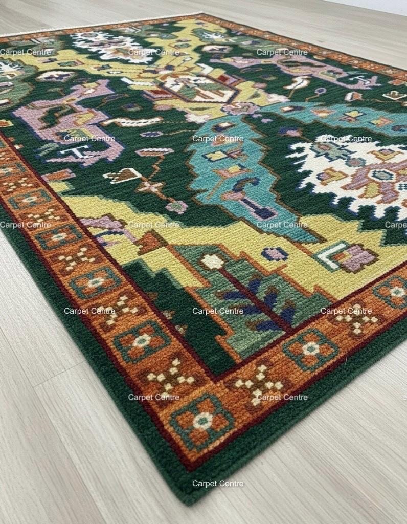 Green Oushak Rug, Hand-Knotted Wool Geometric Kilim Rug, Boho Decor
