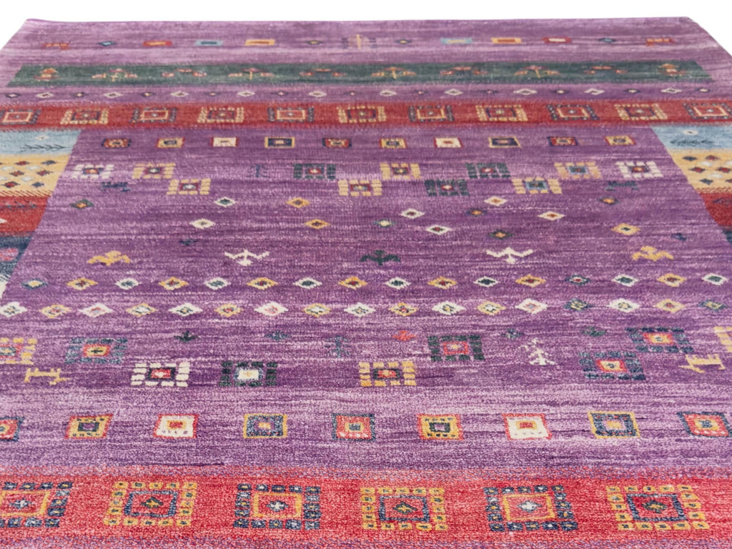 Hand Knotted Wool Rug | Purple Gabbeh Style Tribal Pattern, Multicolor Accents