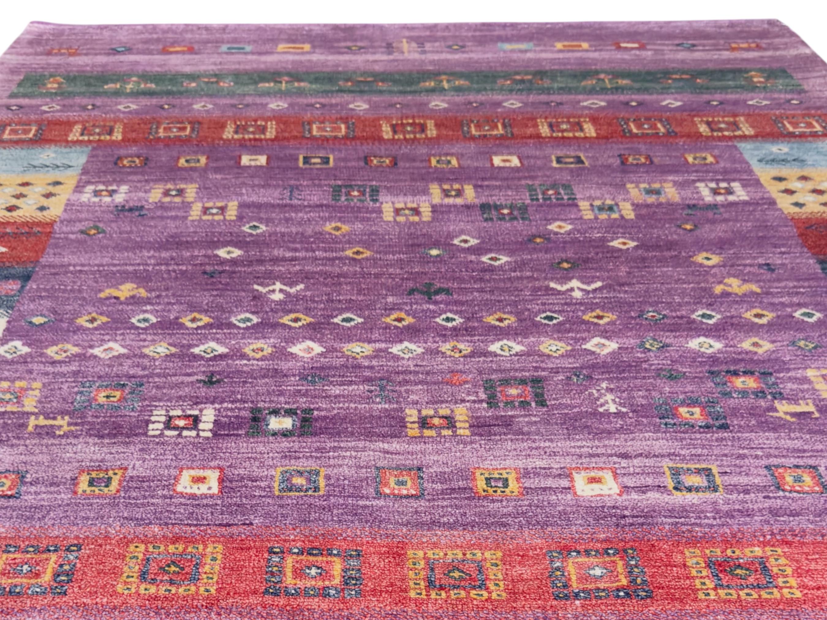 Hand Knotted Wool Rug | Purple Gabbeh Style Tribal Pattern, Multicolor Accents