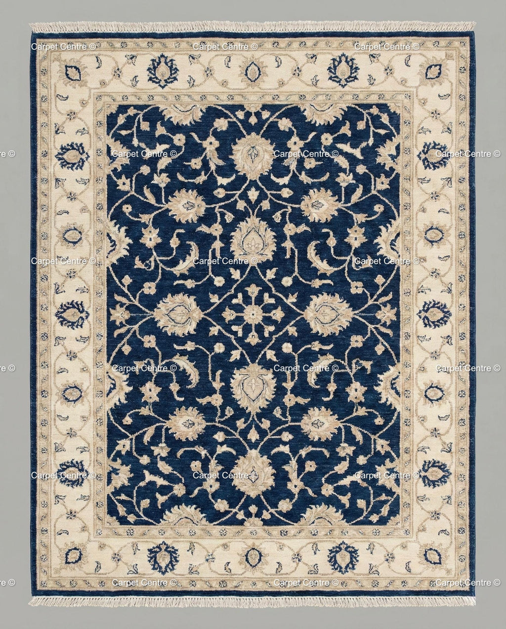 Navy Blue Oushak Rug, Hand-Knotted Wool, Ivory Floral Turkish Knot