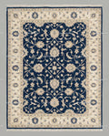 Navy Blue Oushak Rug, Hand-Knotted Wool, Ivory Floral Turkish Knot