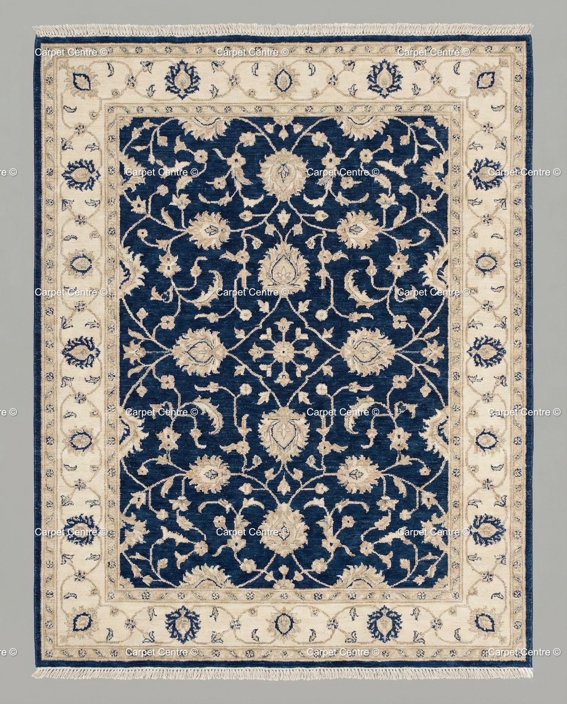 Navy Blue Oushak Rug, Hand-Knotted Wool, Ivory Floral Turkish Knot