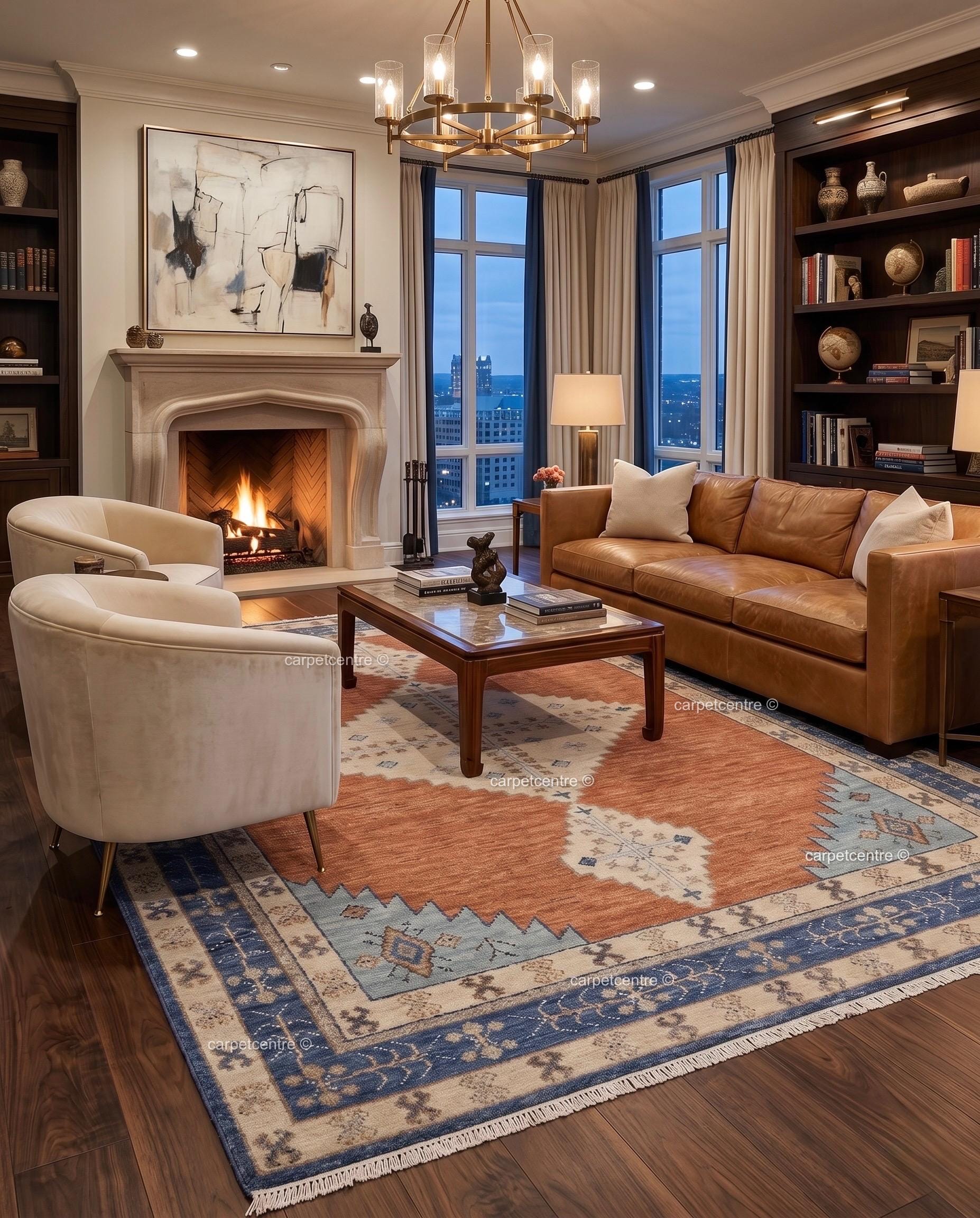 Hand Knotted Oushak Rug | Rust Orange, Blue Tribal Geometric Wool Carpet