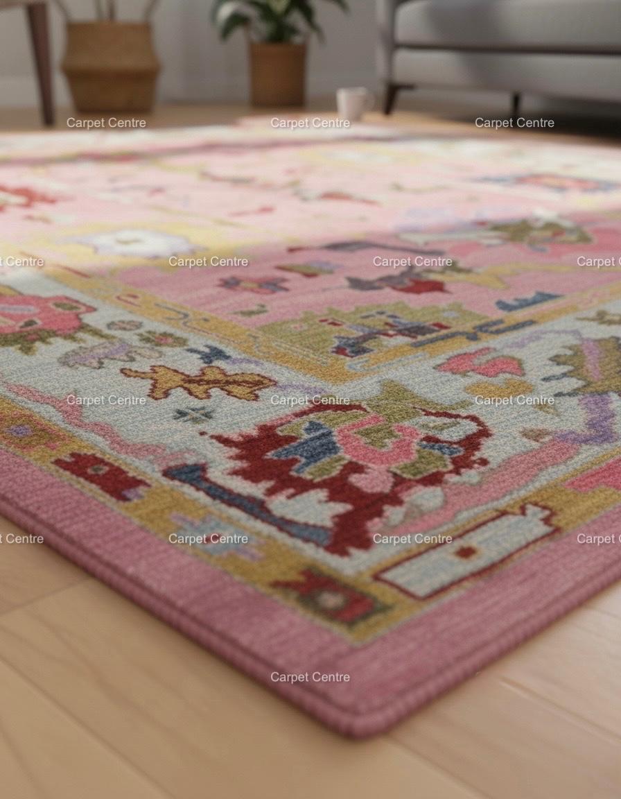 Pink Abstract Oushak Rug | Hand-Knotted Wool, Custom Sizes