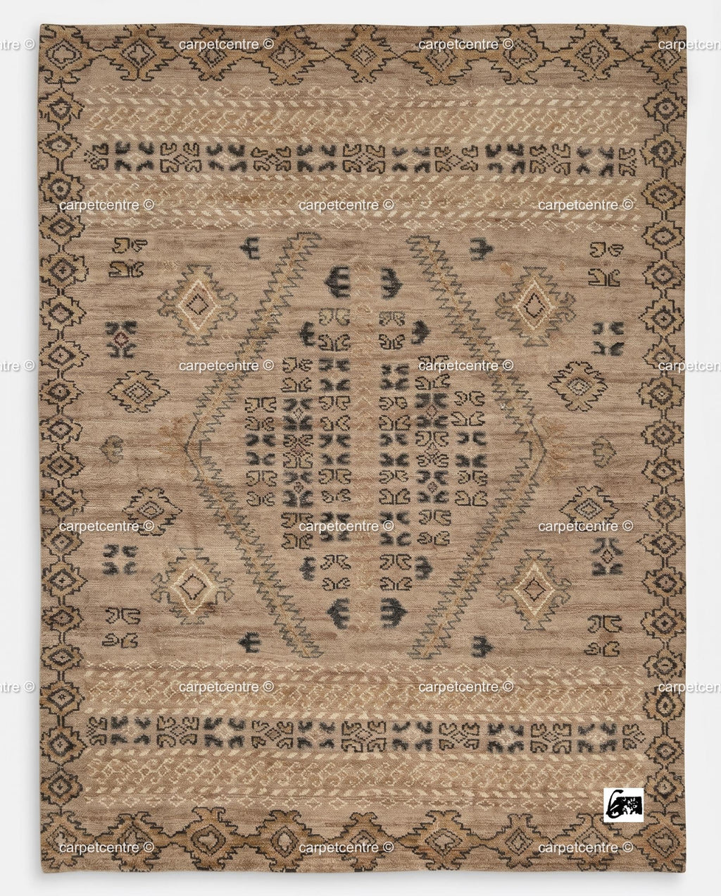Hand Knotted Oushak Wool Rug, Tribal Geometric Earth Tone Southwestern Decor