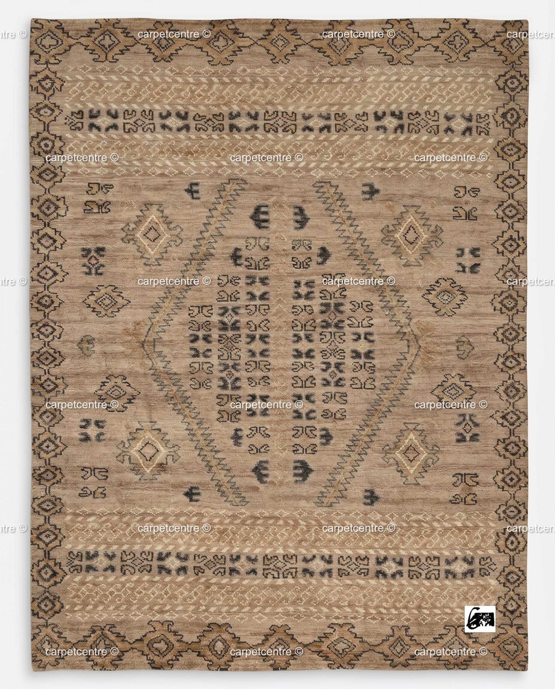Hand Knotted Oushak Wool Rug, Tribal Geometric Earth Tone Southwestern Decor