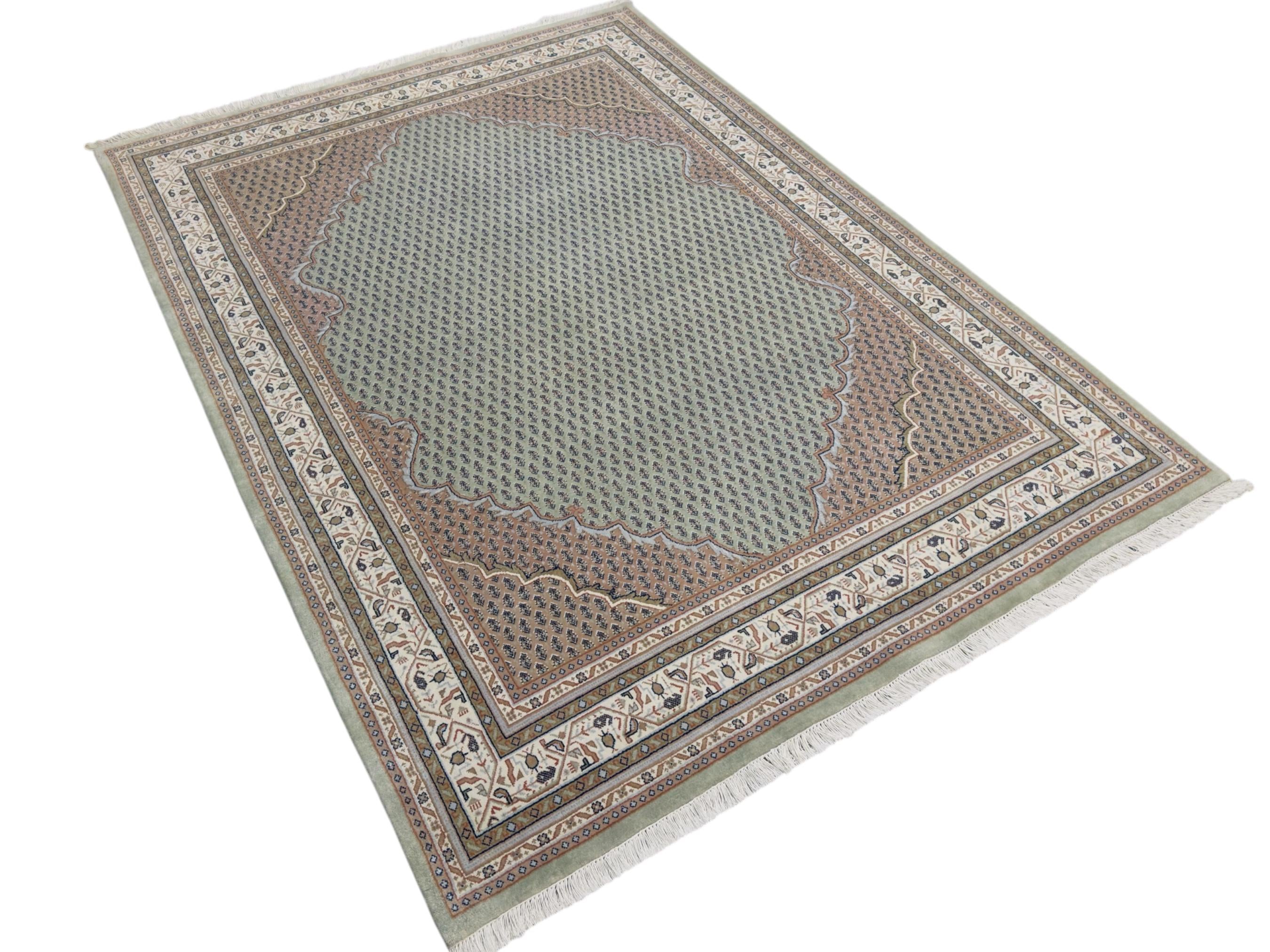 Hand-Knotted Wool Rug 7'9"x5'8", Sage Green Persian Boteh Style Carpet