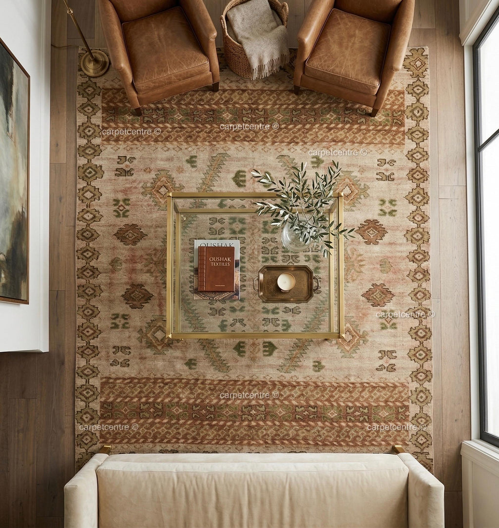 Hand-Knotted Oushak Rug: Muted Sage Green, Terracotta Wool Area Rug (8x10, 9x12)