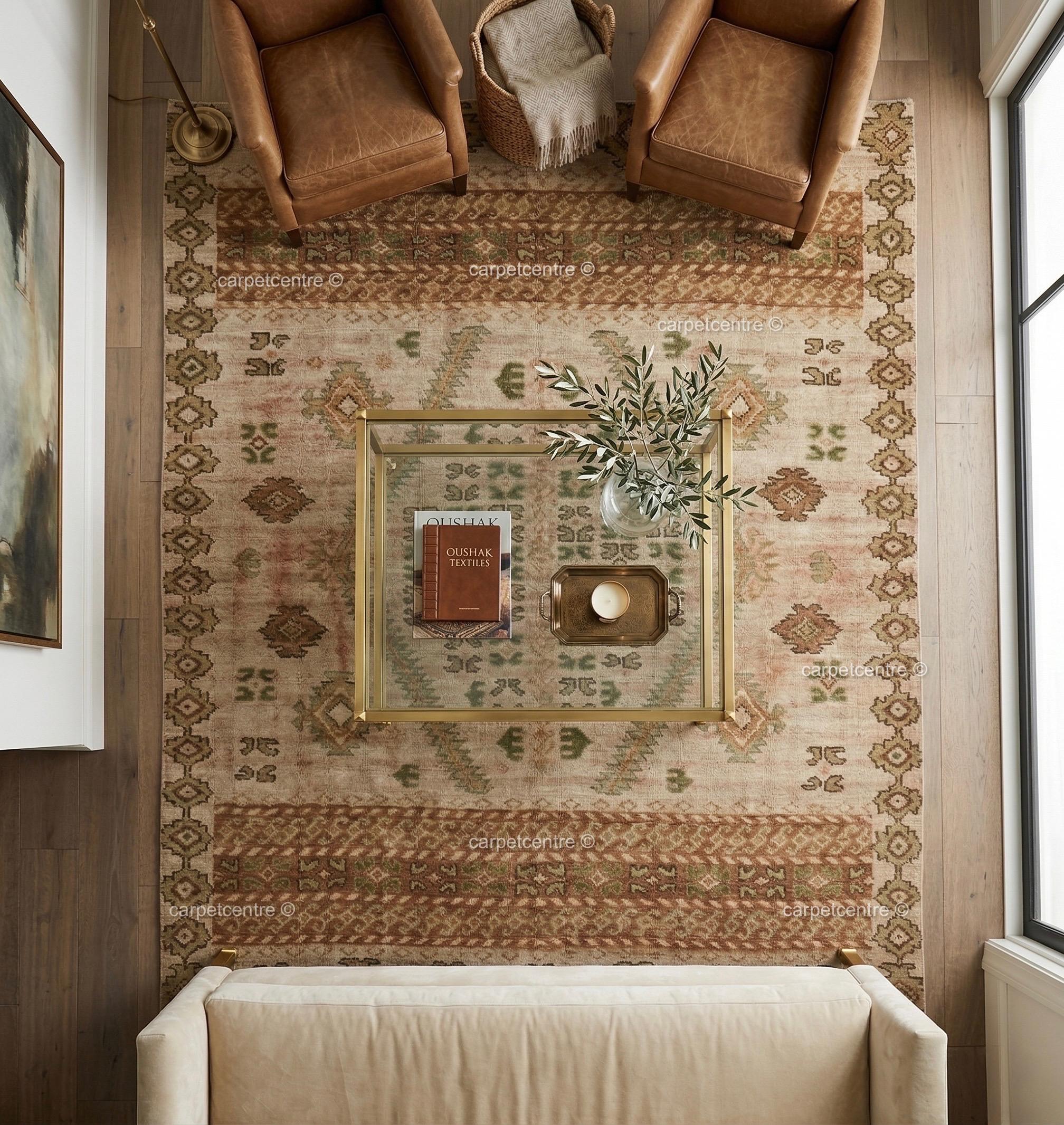Hand-Knotted Oushak Rug: Muted Sage Green, Terracotta Wool Area Rug (8x10, 9x12)