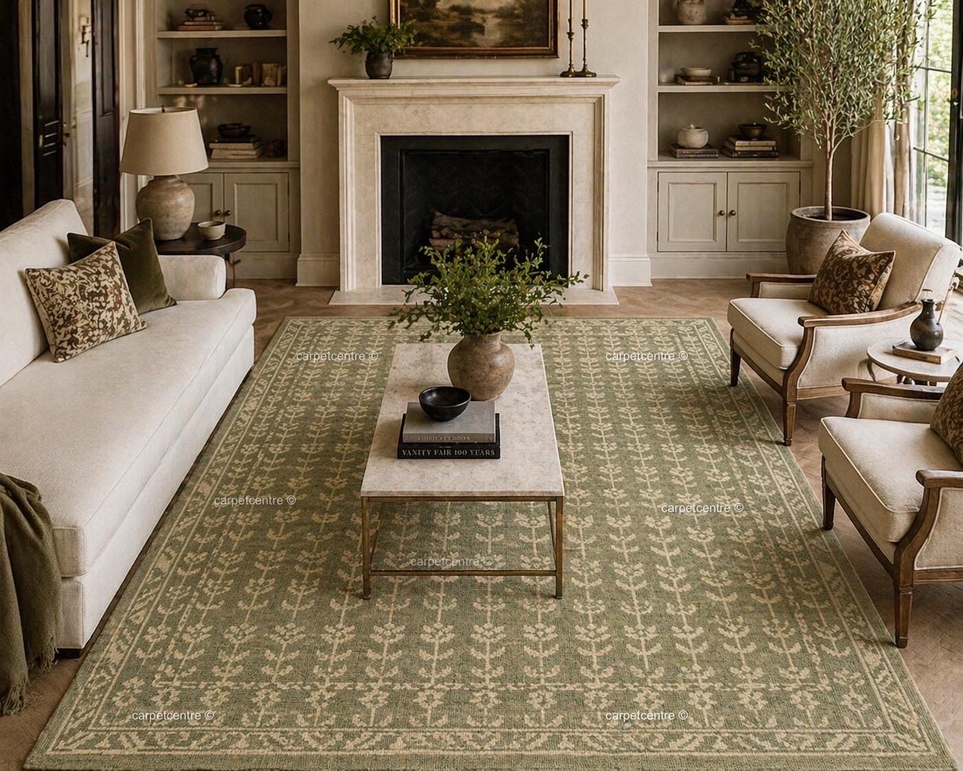 Handmade Sage Green Oushak Wool Rug: Distressed Floral Turkish Area Rug