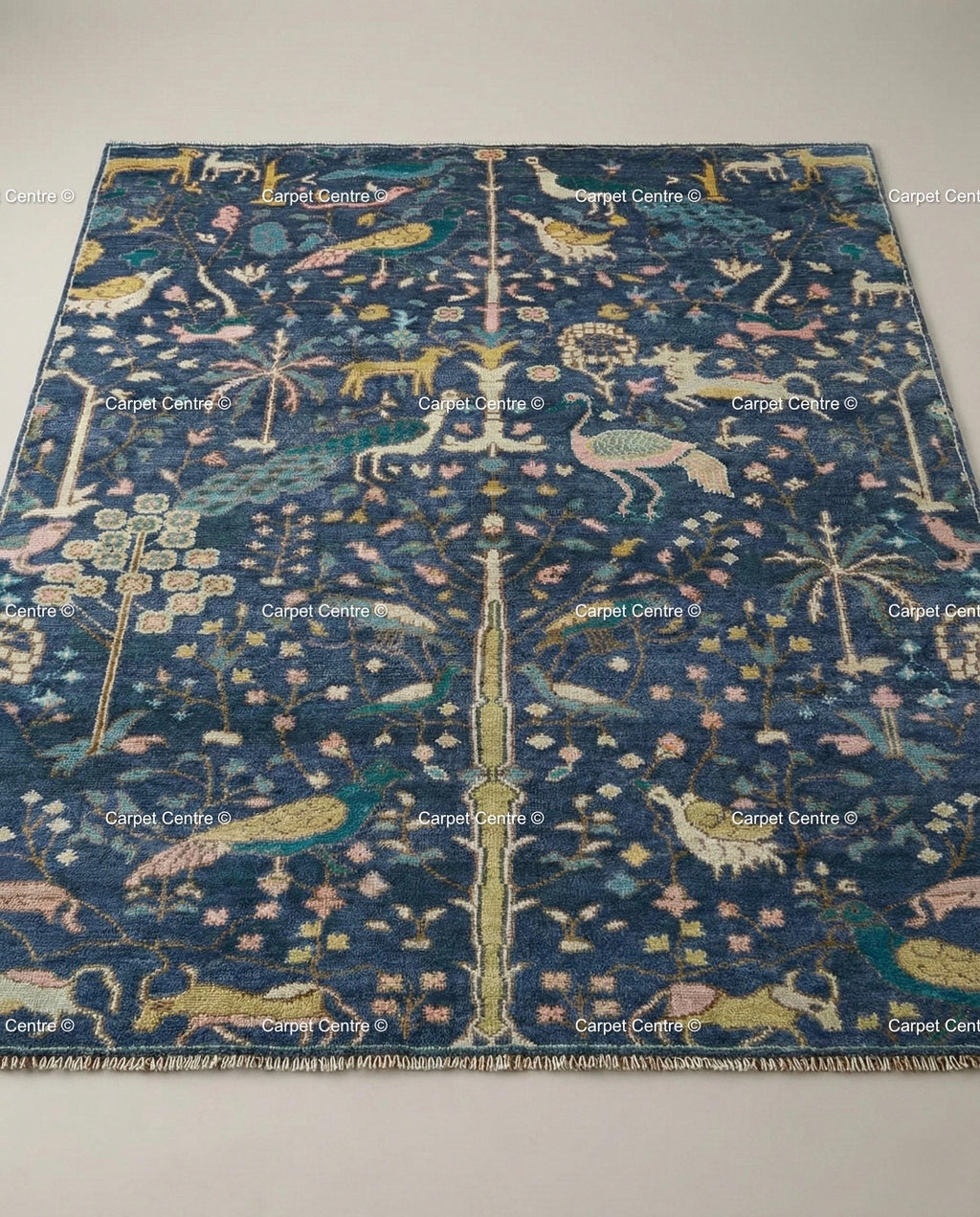 Navy Oushak Wool Rug, Hand-Knotted Tree of Life Animal Design, Boho Decor