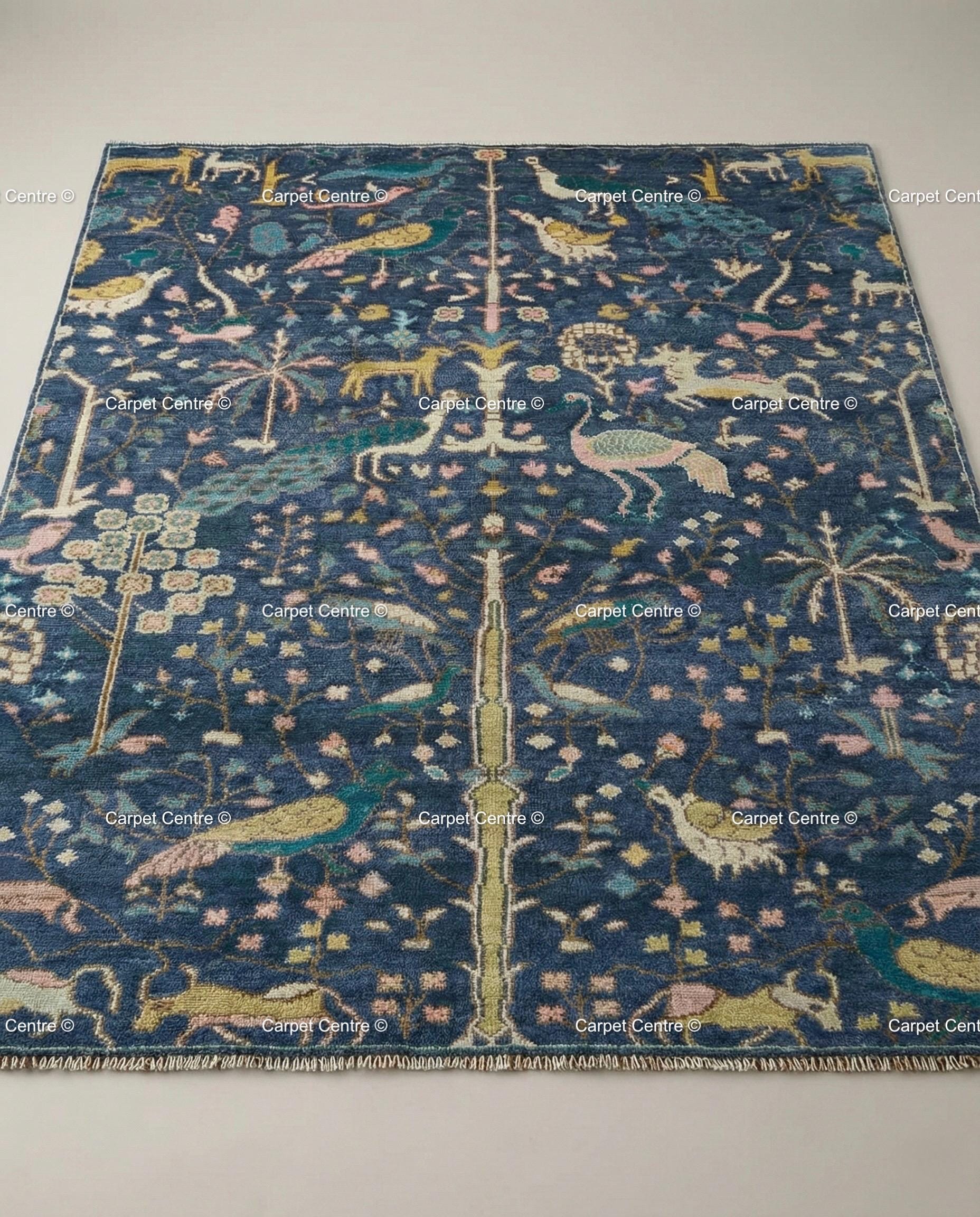 Navy Oushak Wool Rug, Hand-Knotted Tree of Life Animal Design, Boho Decor