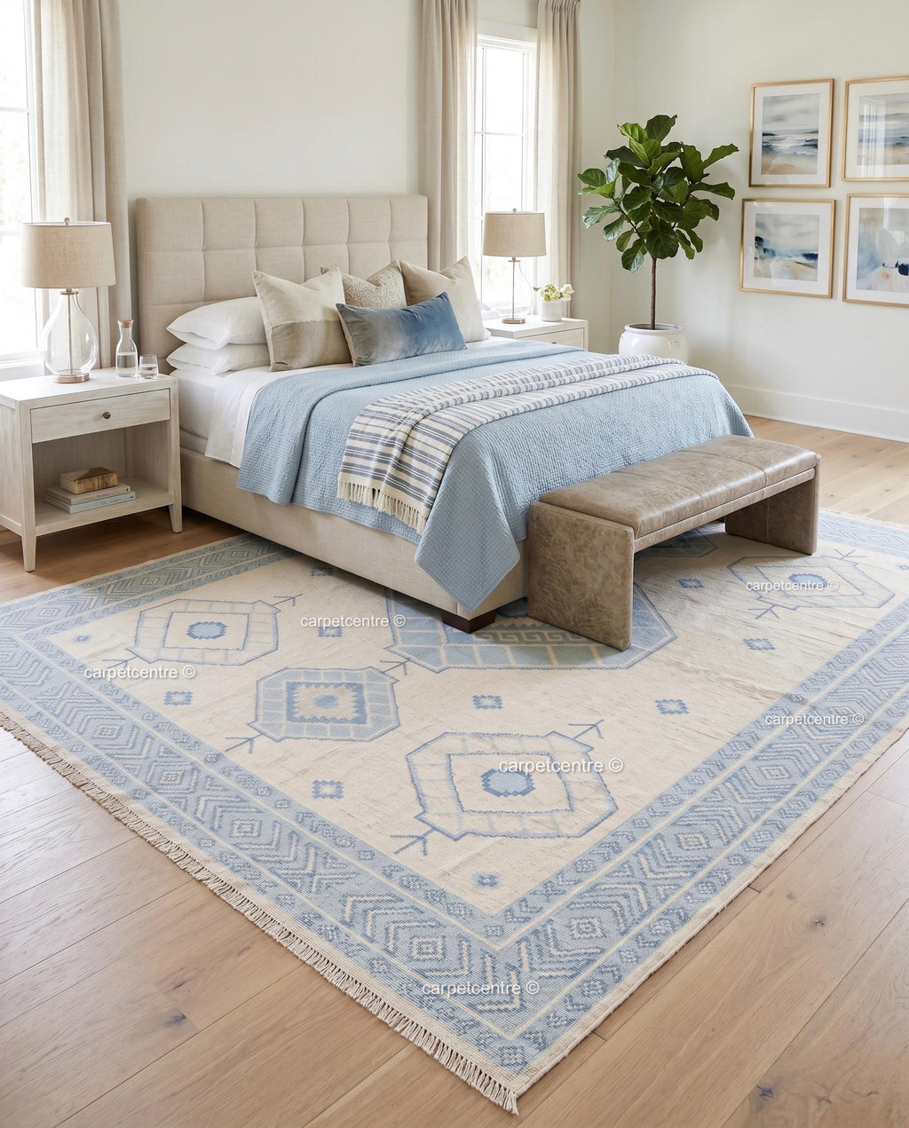Hand-Knotted Wool Oushak Rug | Light Blue Cream Coastal Geometric Tribal Carpet
