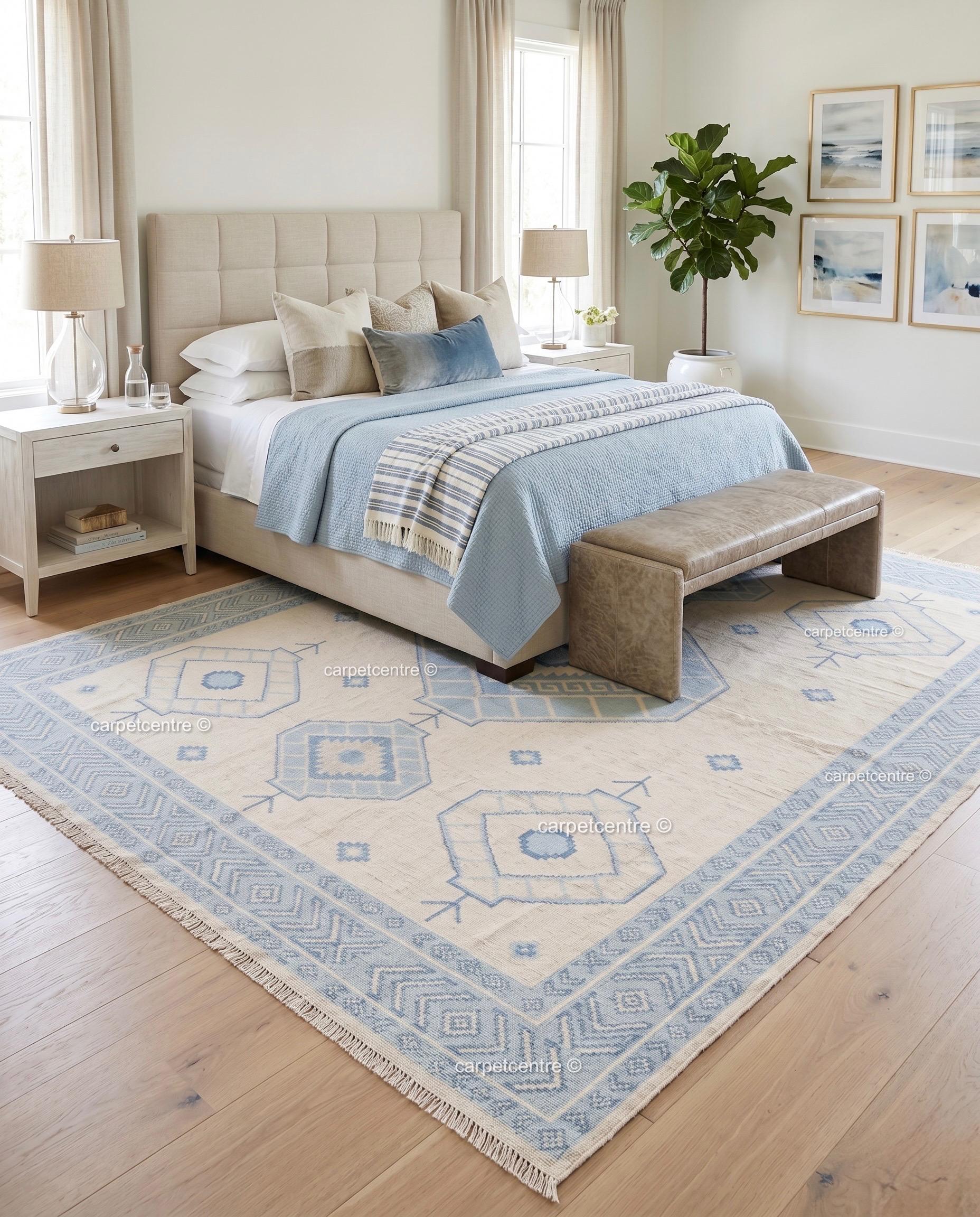 Hand-Knotted Wool Oushak Rug | Light Blue Cream Coastal Geometric Tribal Carpet