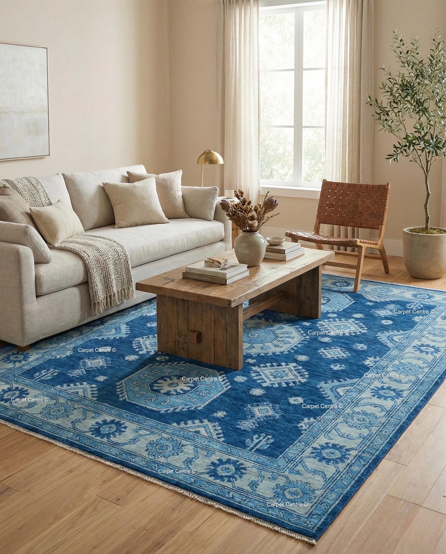Hand-Knotted Oushak Rug, Indigo Geometric Tribal Wool Carpet, Boys Bedroom Decor