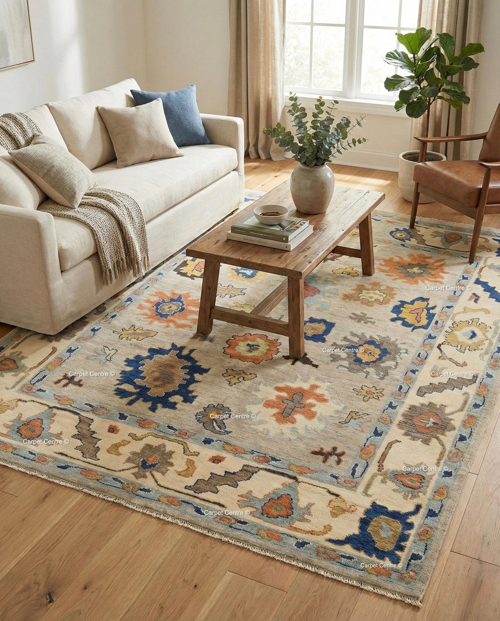 Hand-Knotted Wool Oushak Rug, Tribal Geometric Medallions, 8x10