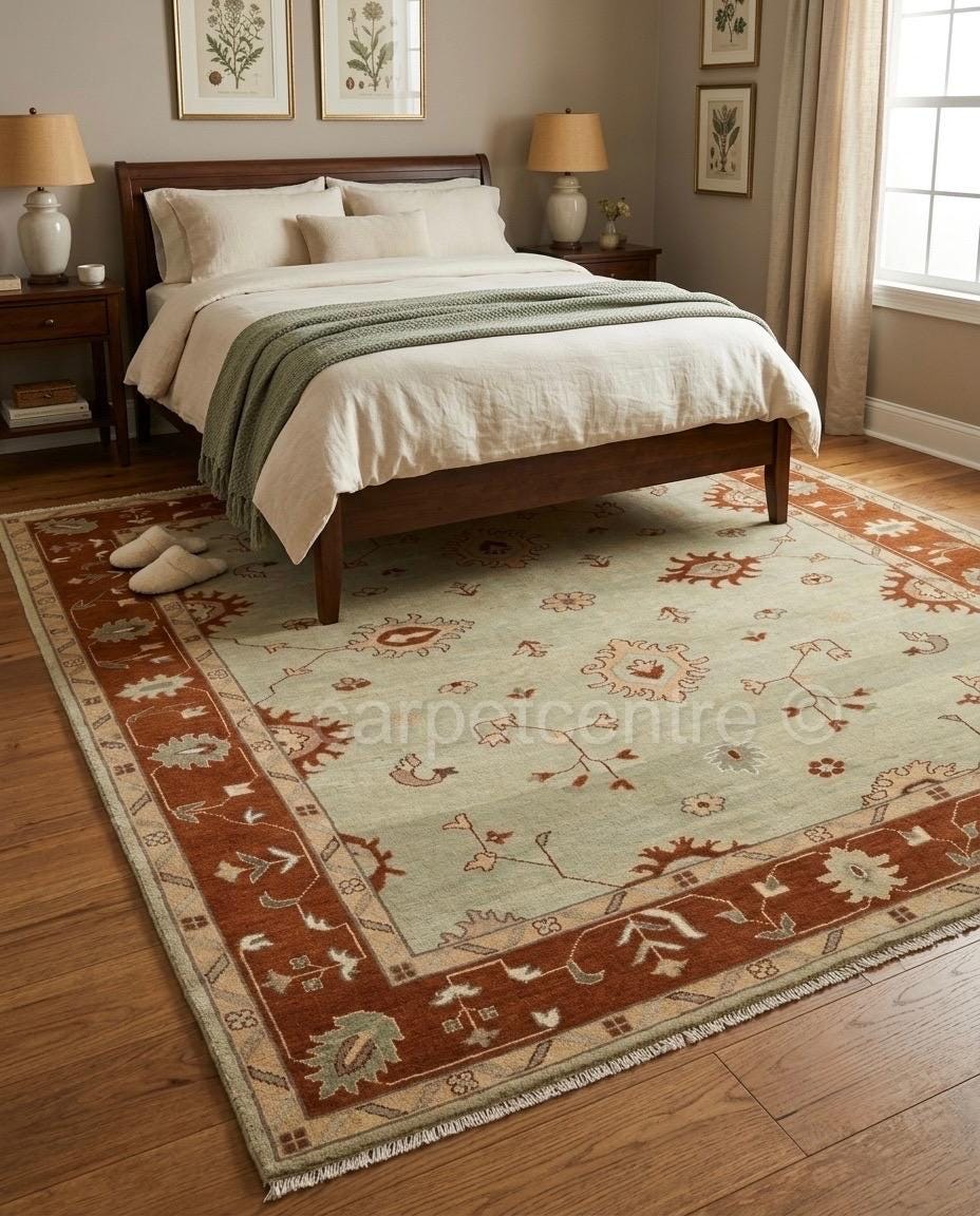 Hand Knotted Wool Oushak Rug, Mint Green Floral Turkish Carpet, Rust Border Area Rug