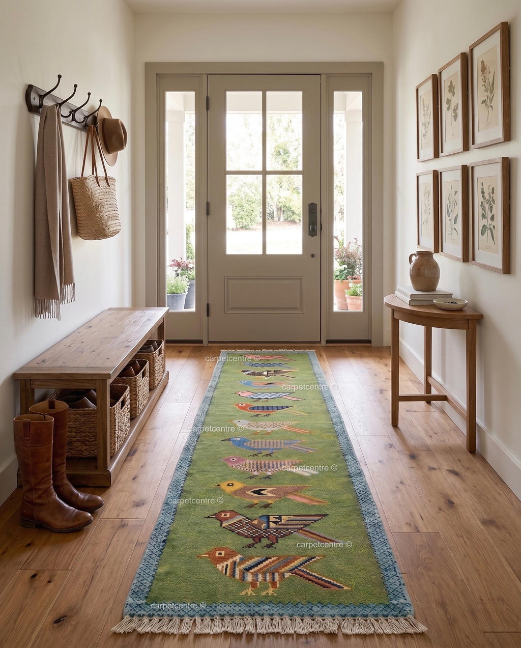 Handmade Wool Runner Rug Folk Art Bird Design, Green Carpet, Hallway-Entryway-Kitchen-Bathroom Runner