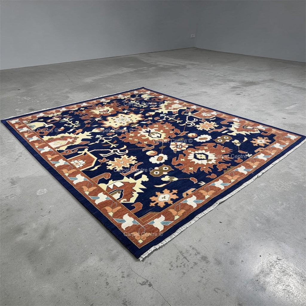 Navy Blue Oushak Rug, Rust Geometric Turkish Tribal Boho Area Rug