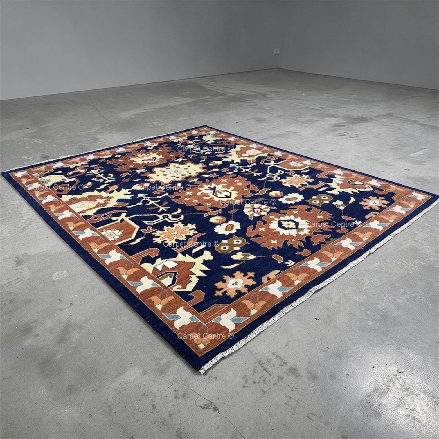 Navy Blue Oushak Rug, Rust Geometric Turkish Tribal Boho Area Rug