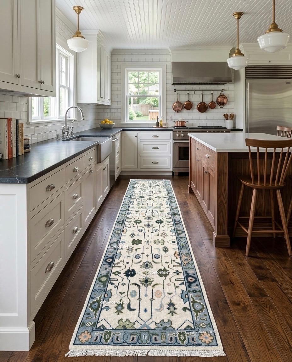 Hand Knotted Oushak Runner, Ivory Blue Wool Hallway Rug, Modern Farmhouse Style