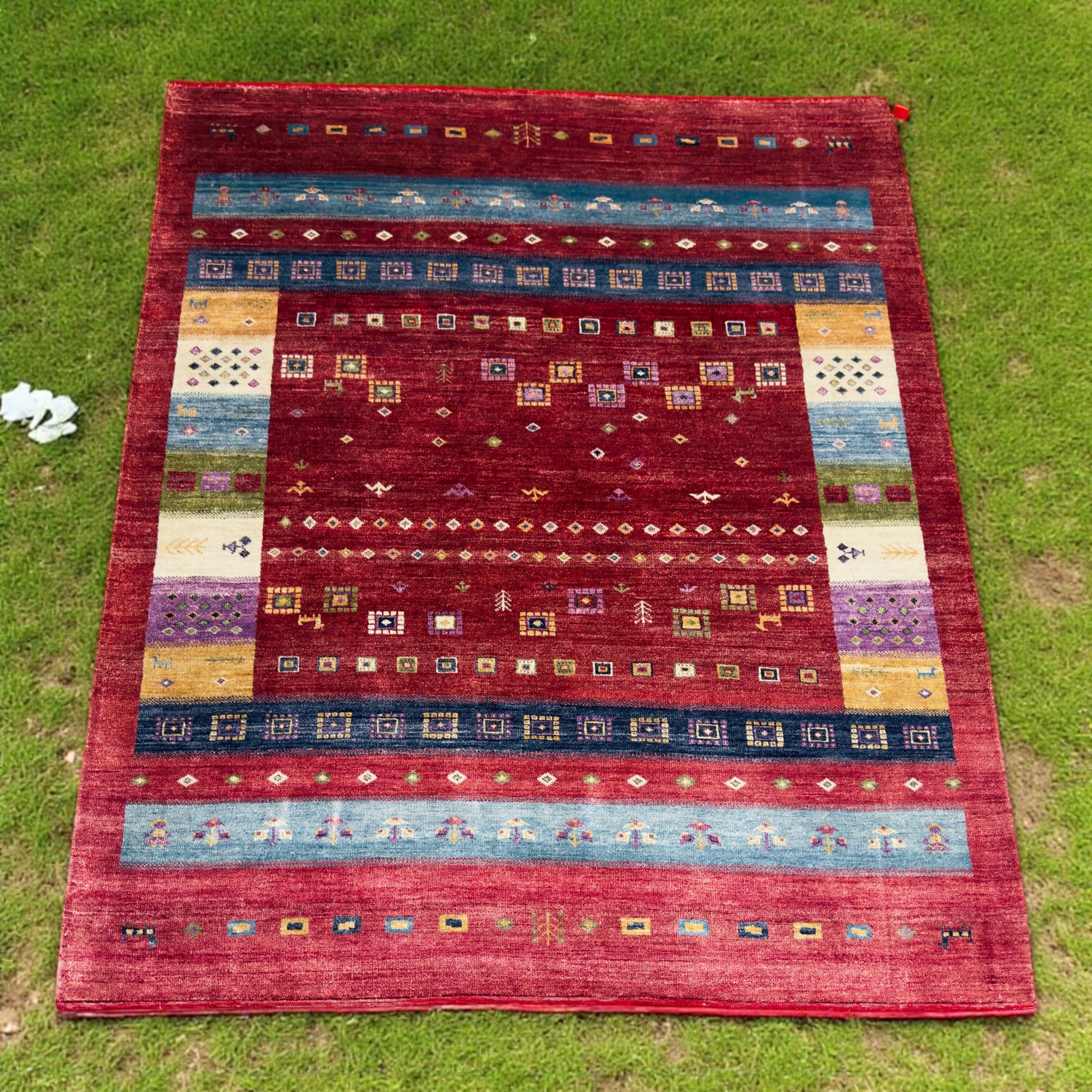 Hand-Knotted Bamboo Silk Rug | Red Geometric Tribal Gabbeh Carpet (7'5"x5'9")