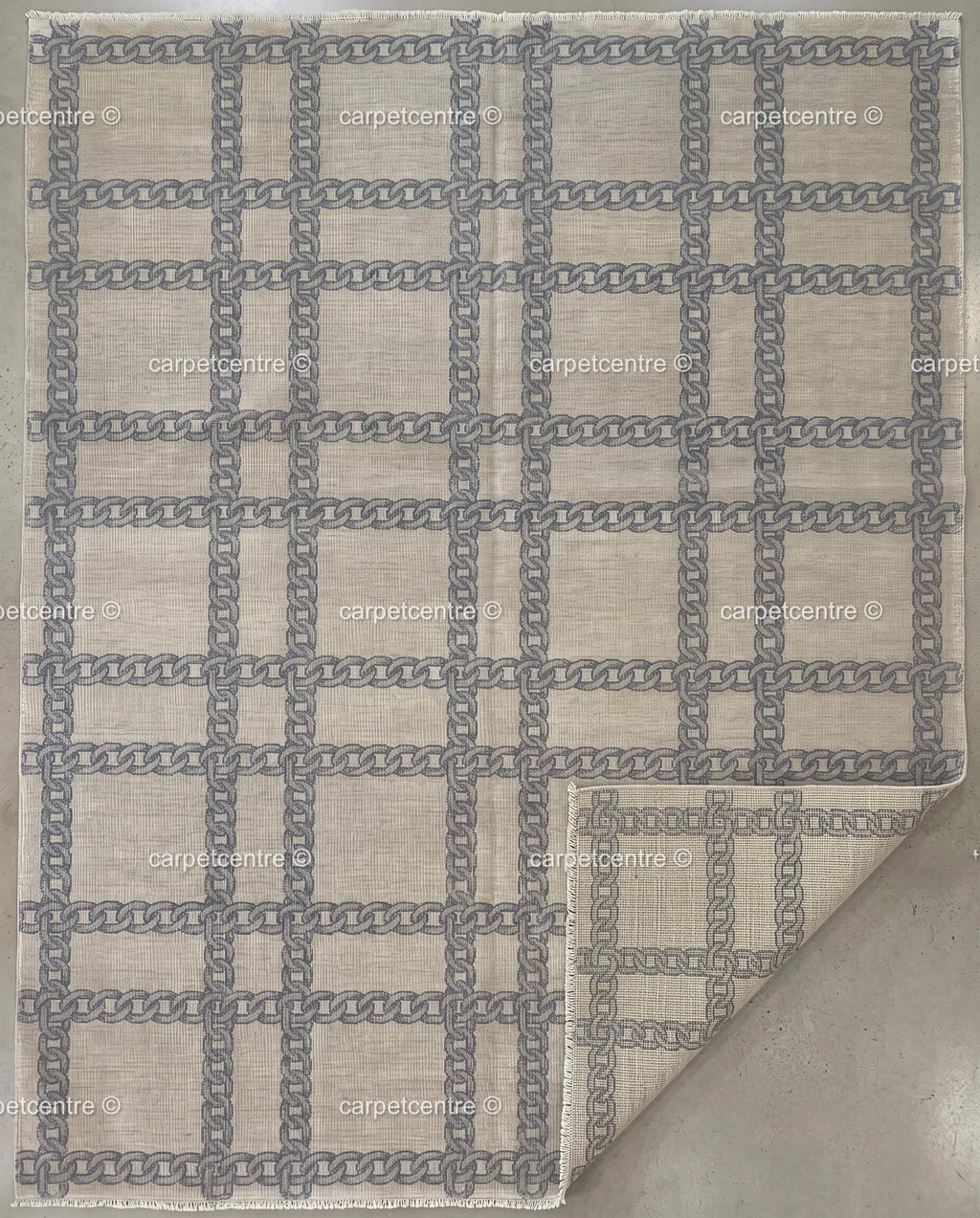 Hand Knotted Wool Oushak Rug, Slate Blue Chain Link Plaid, Transitional Greige Carpet