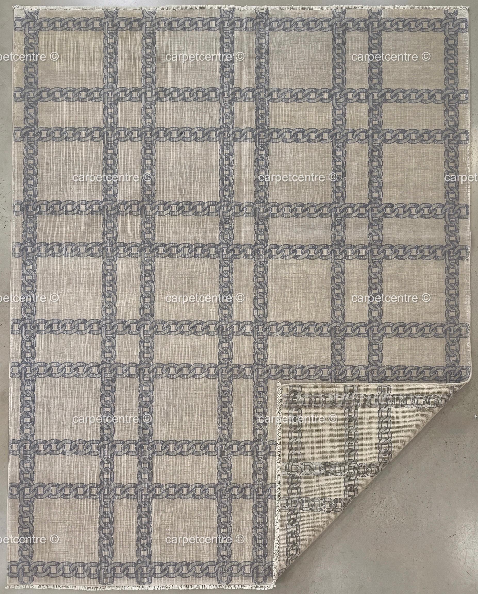 Hand Knotted Wool Oushak Rug, Slate Blue Chain Link Plaid, Transitional Greige Carpet