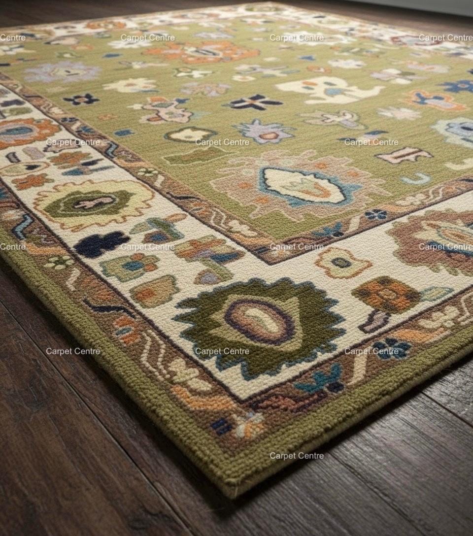 Olive Green Oushak Rug, Hand-Knotted Wool, Eclectic Boho Style