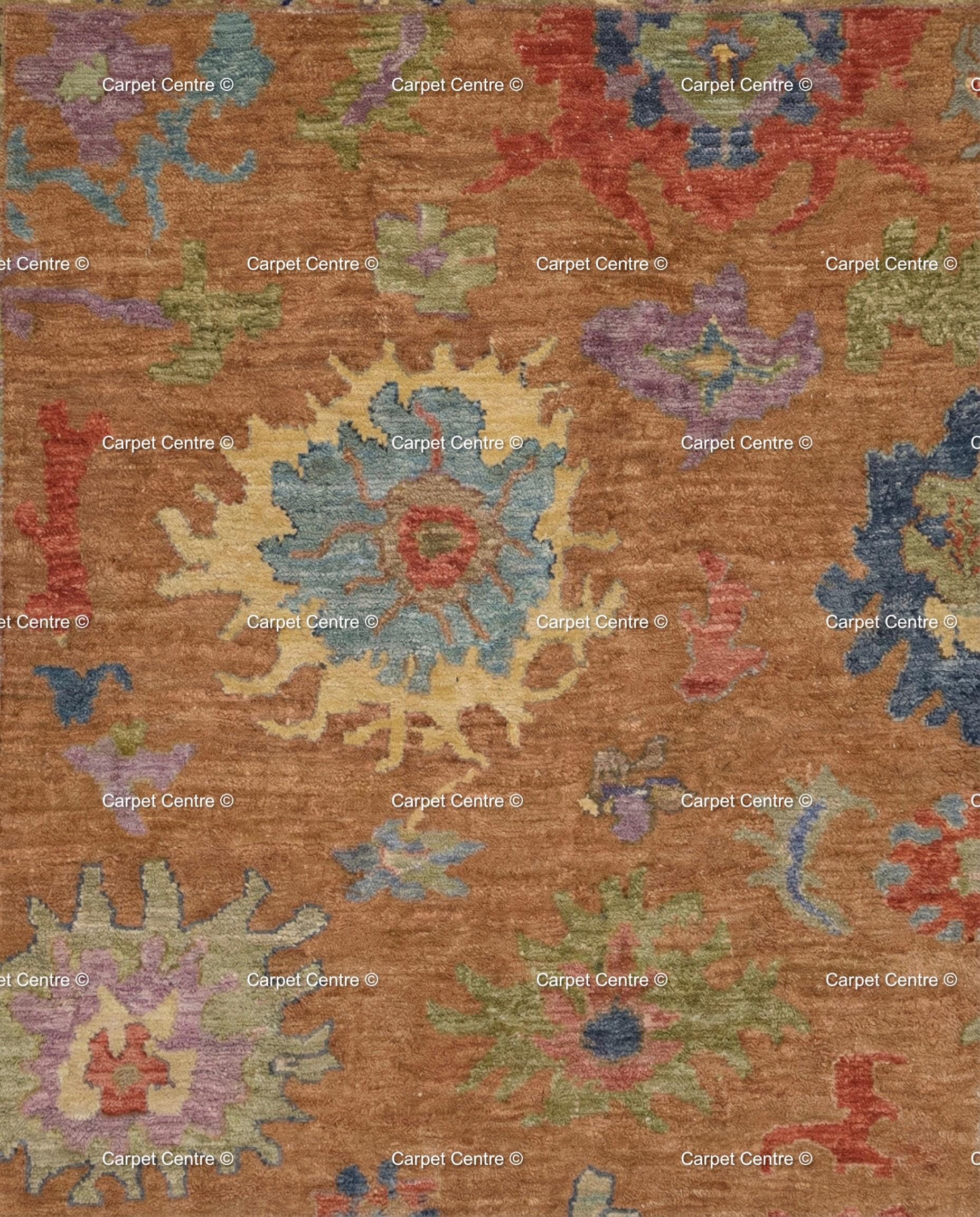 Hand Knotted Wool Oushak Rug – Rust Orange & Navy, Turkish Knot