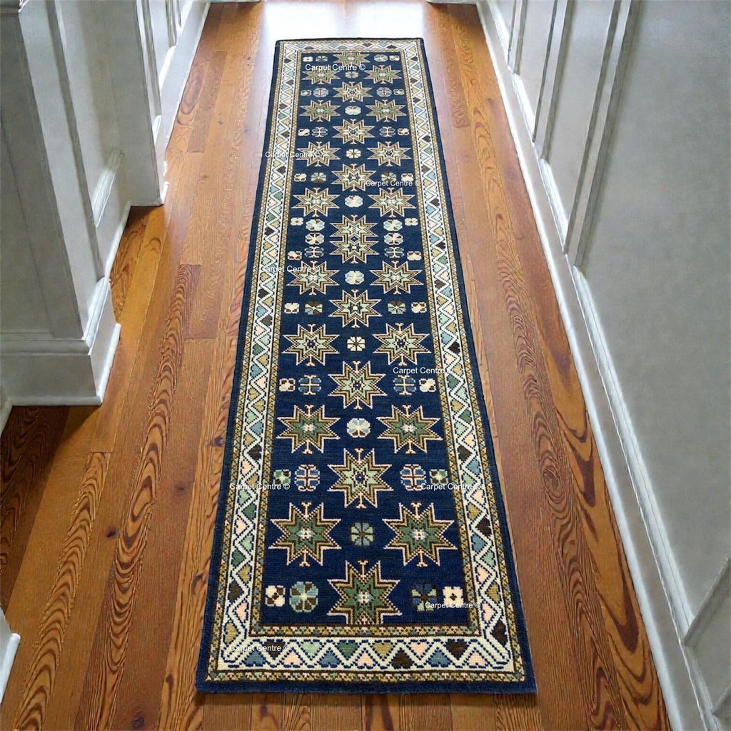 Oriental Star Design Navy Blue Oushak Runner Rug , Traditional Style Kitchen-Hallway-Entryway Rug