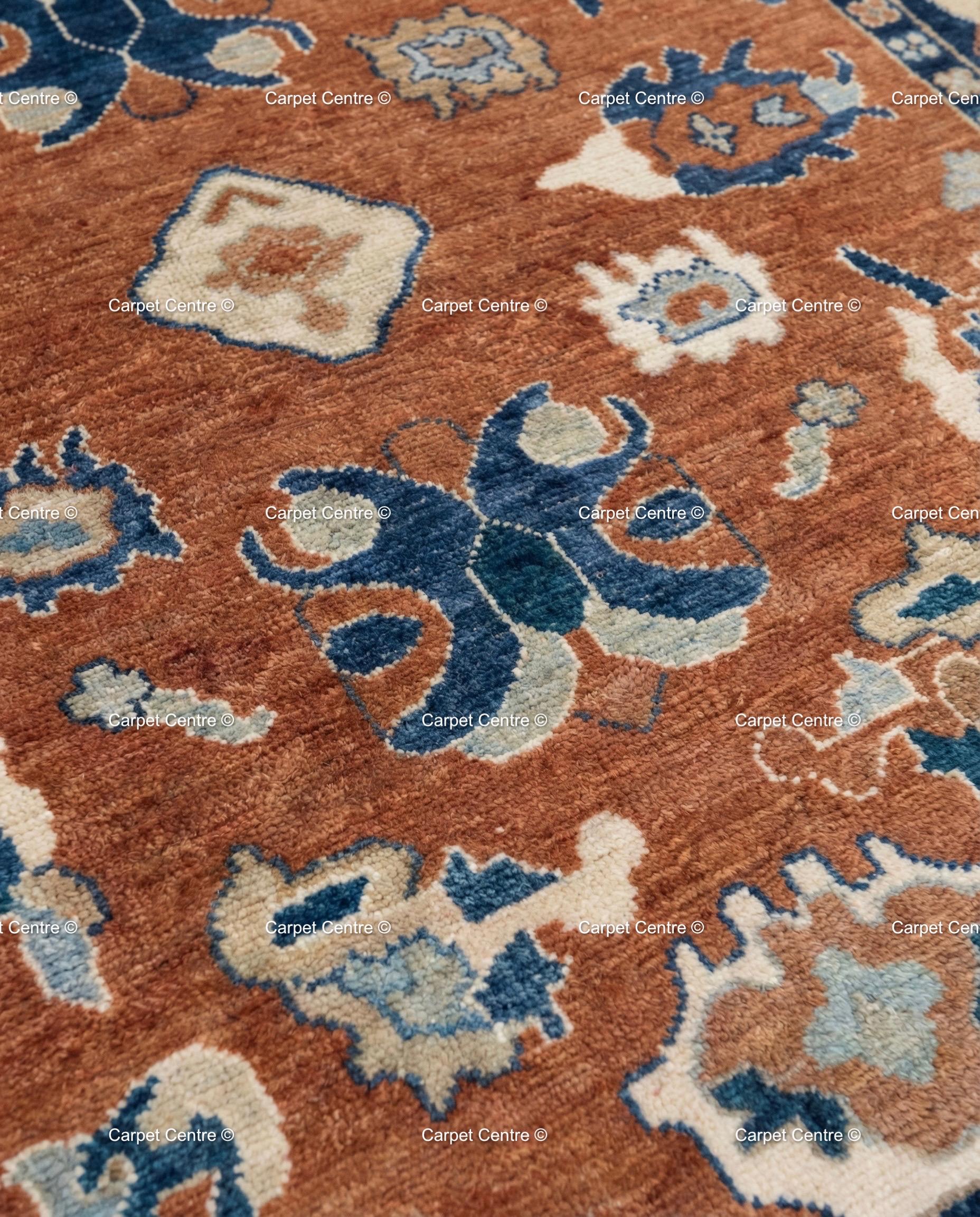 Rust Orange Oushak Rug, Navy Border, Hand Knotted Wool Carpet