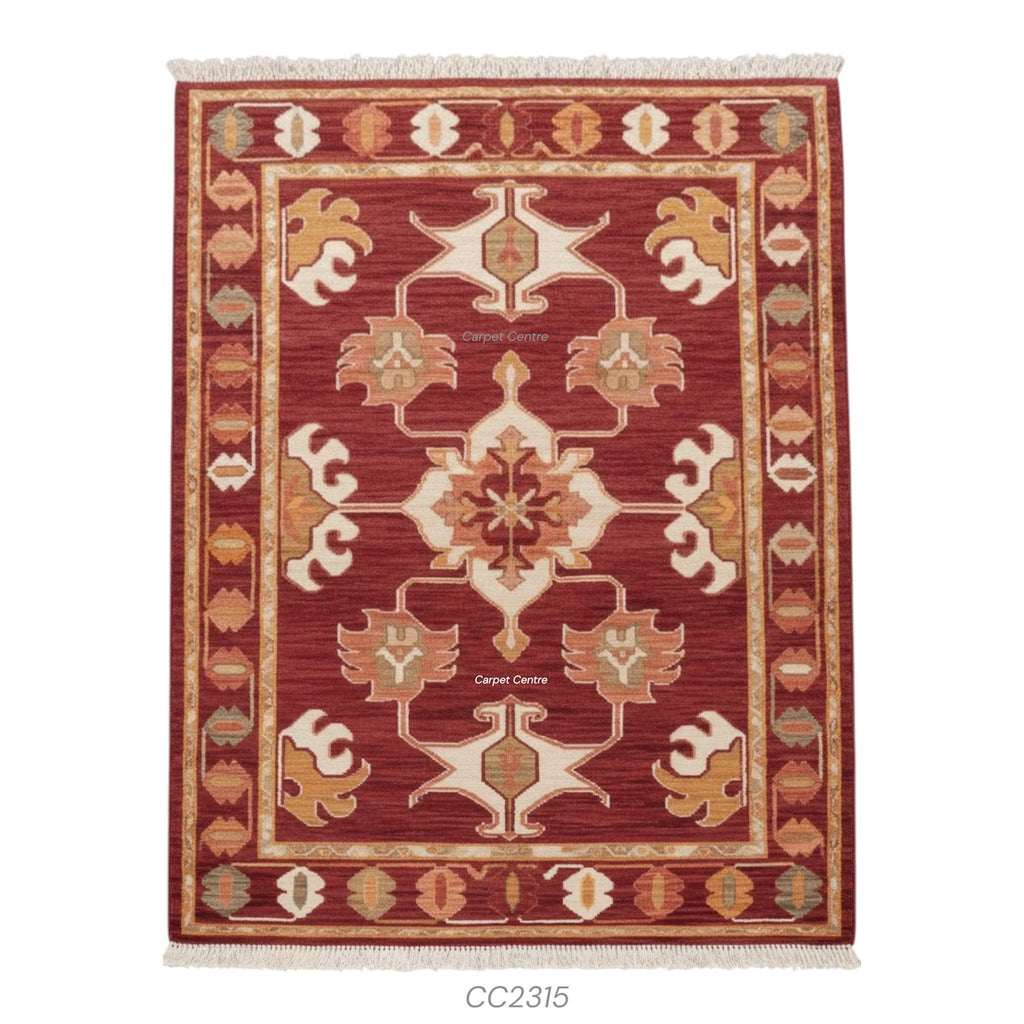 Handwoven Burgundy Oushak Wool Rug: Medallion Floral Design