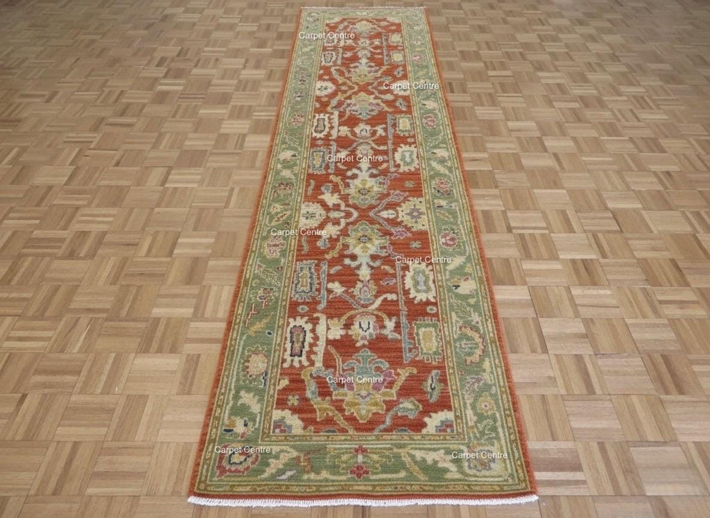 Hand-Knotted Terracotta Runner Rug, Wool Oushak Style, Sage Green