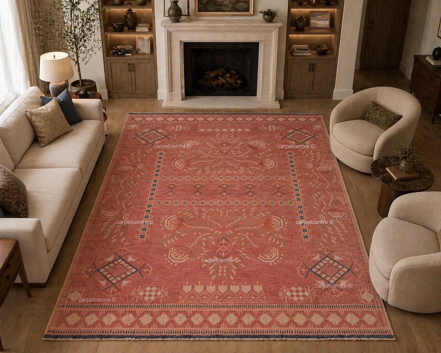 Hand Knotted Oushak Wool Rug , Distressed Pink Turkish Anatolian 8x10 9x12 Area Rug