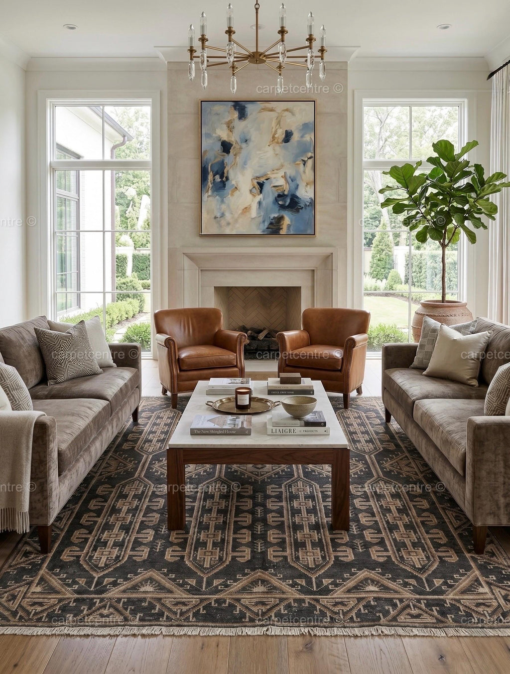 Hand Knotted Oushak Rug | Dark Grey Beige Geometric Tribal Wool Area Rug