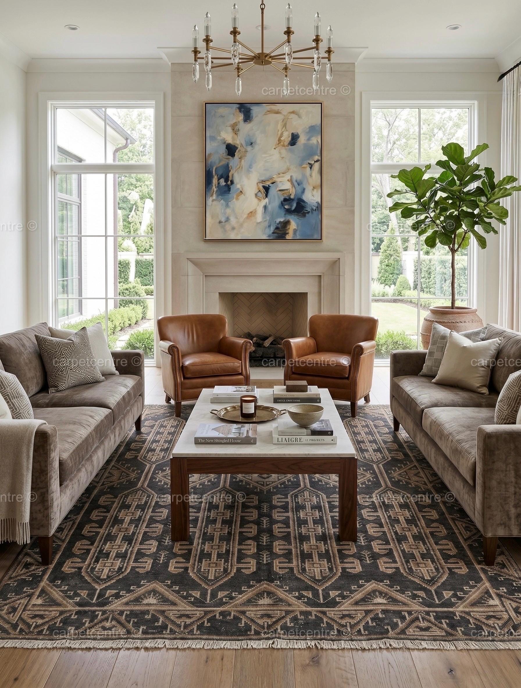 Hand Knotted Oushak Rug | Dark Grey Beige Geometric Tribal Wool Area Rug