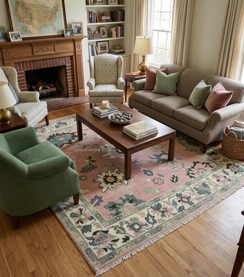 Hand Knotted Pink Oushak Rug: New Zealand Wool Floral Area Rug