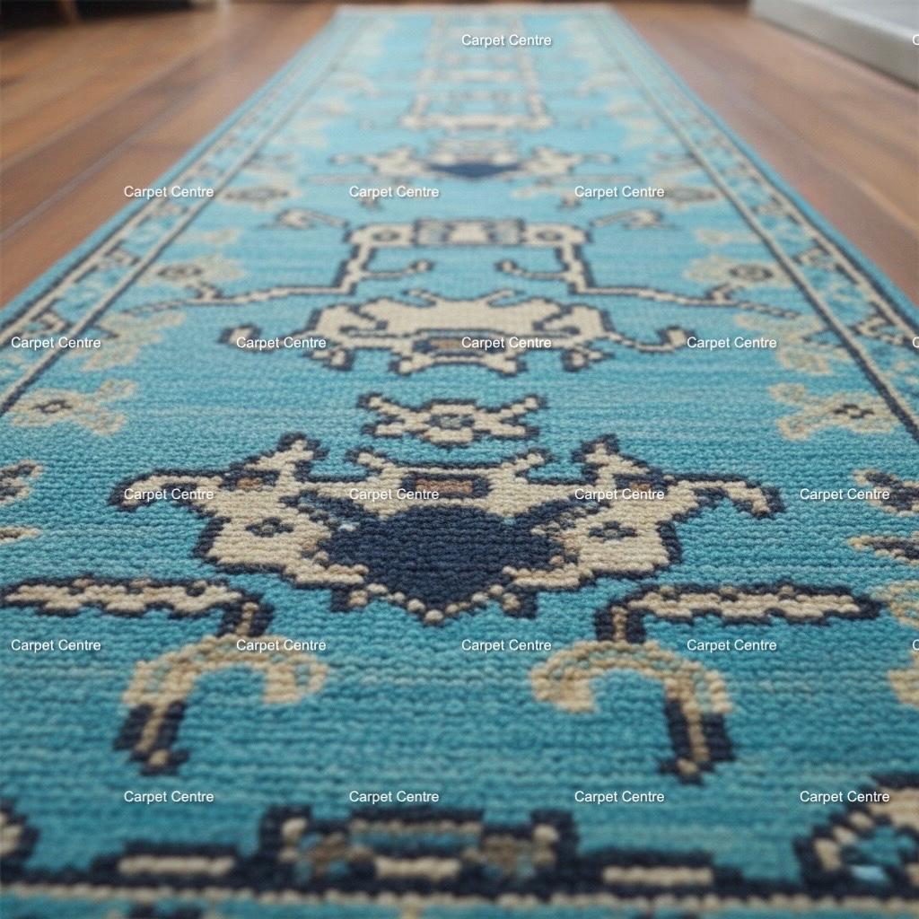 Teal Oushak Runner Rug, Hand-Knotted Wool, Tribal Geometric Design