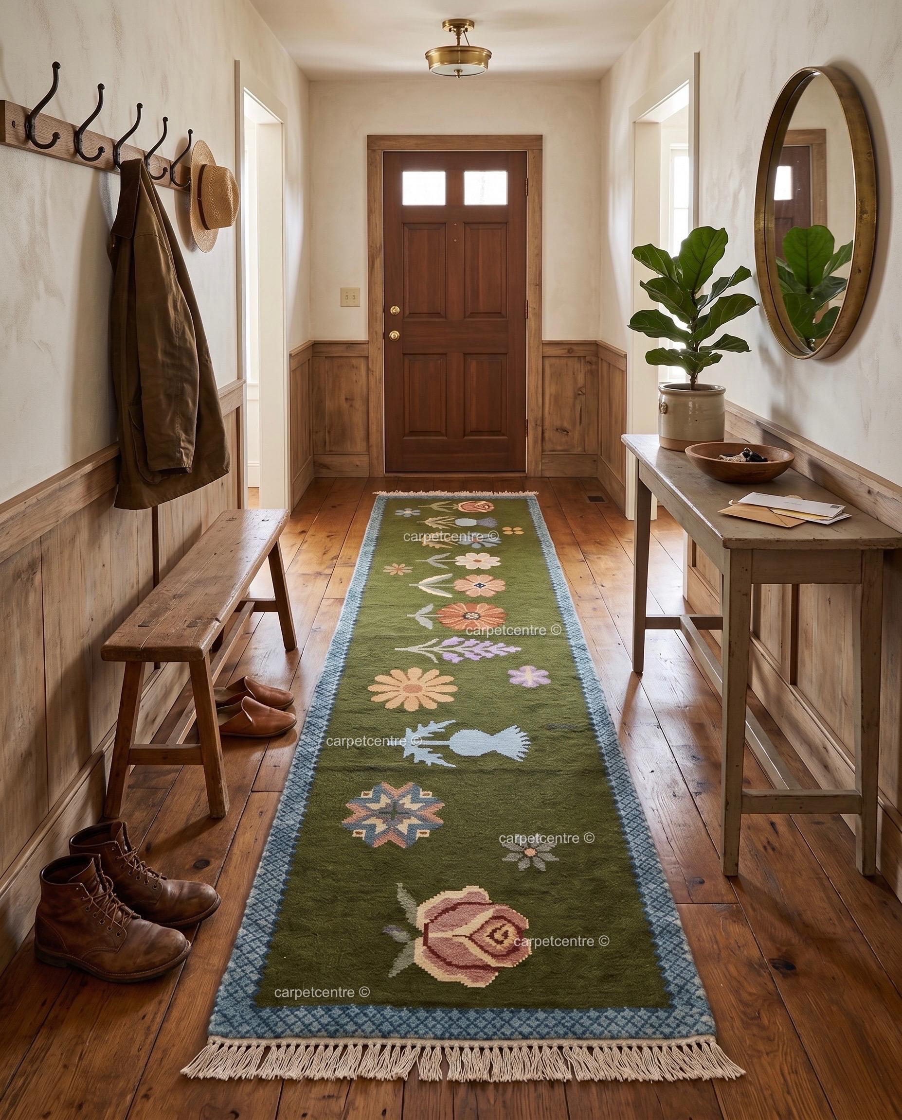 Handmade Wool Runner Rug – Olive Green Wildflower Botanical Carpet (Custom Sizes)