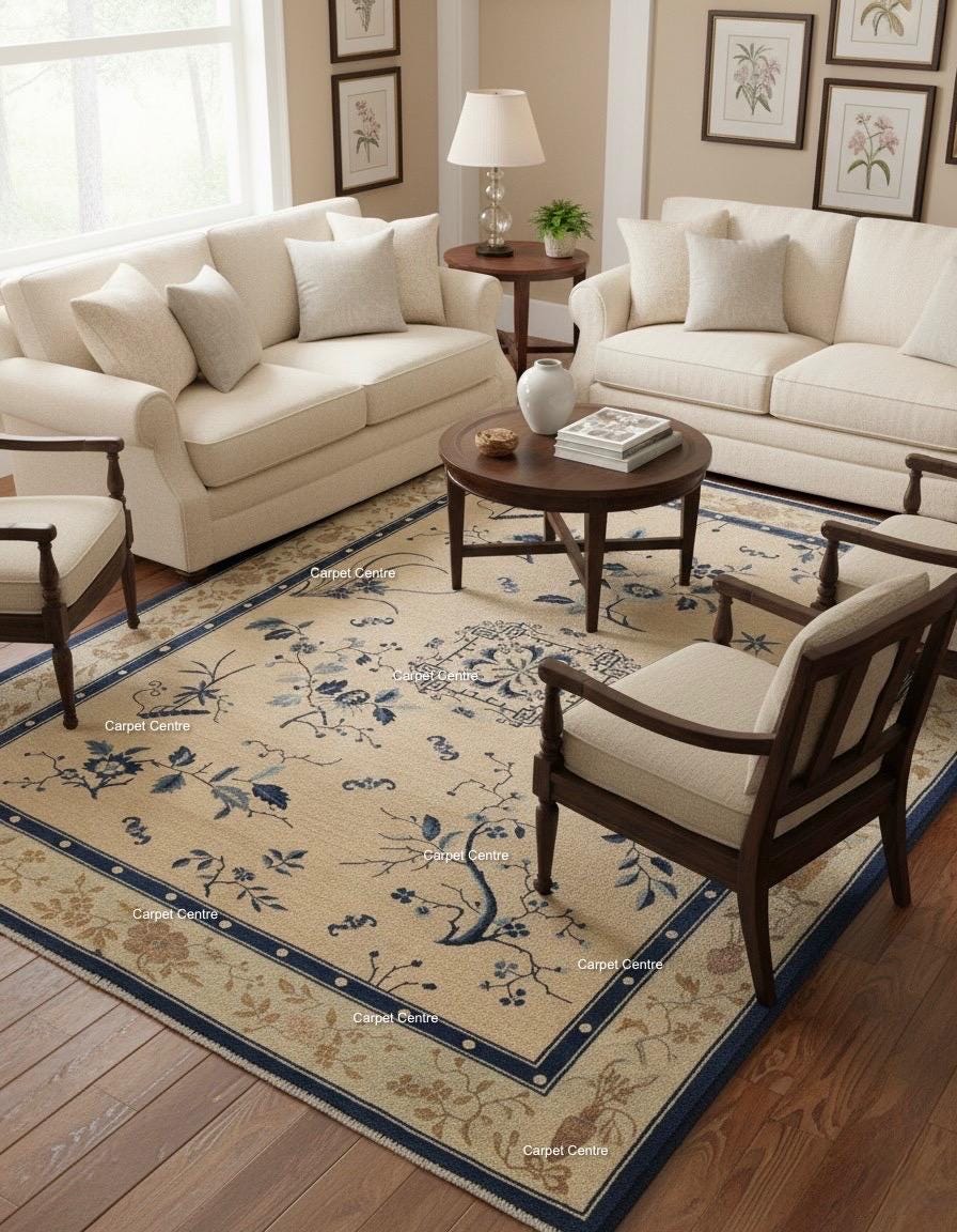 Hand-Knotted Oushak Wool Rug: Blue Beige Chinoiserie Design