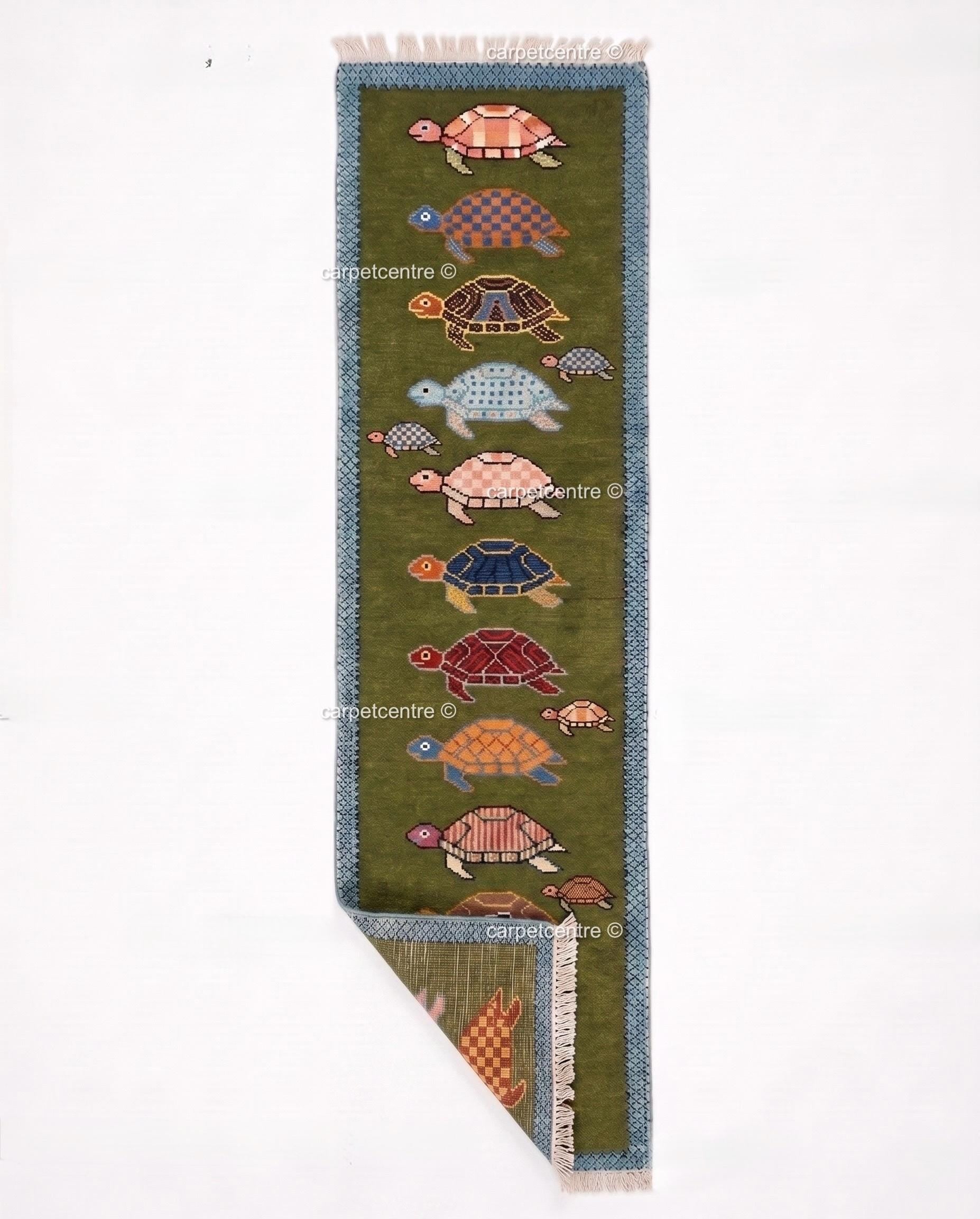 Handmade Wool Turtle Runner Rug – Olive Green Tortoise Design Hallway Carpet