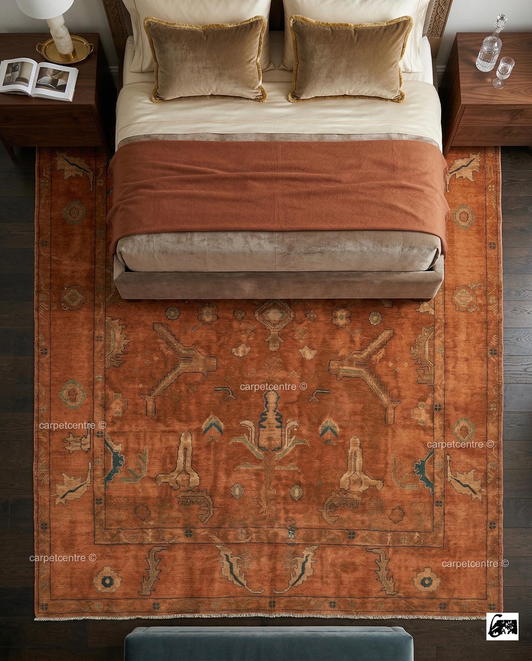Hand Knotted Terracotta Oushak Rug, Geometric Wool Area Carpet, Boho Living Room Home Decor