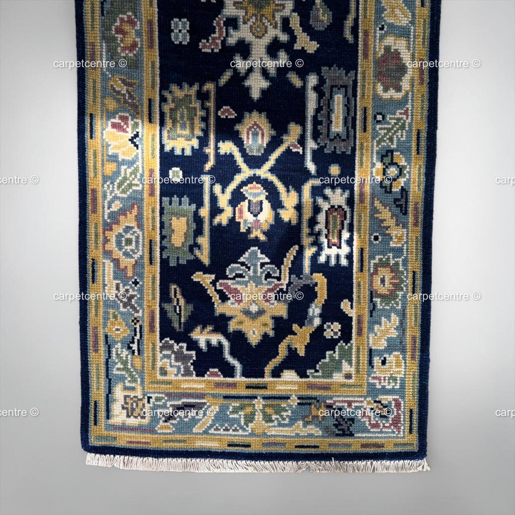 Handmade Navy Blue Oushak Runner Rug | Floral Hallway Entryway Wool Rug