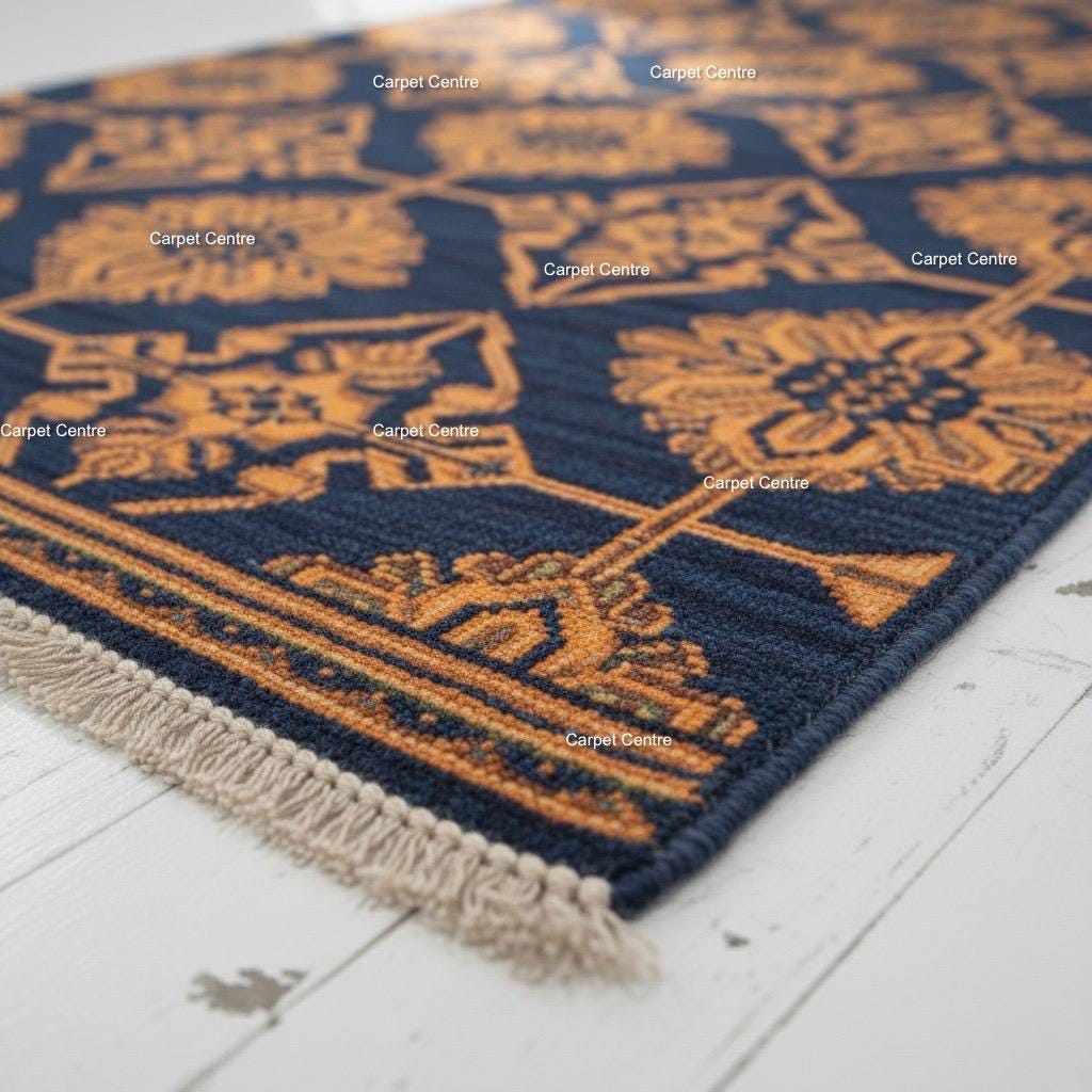 Navy Blue Gold Geometric Hand-Knotted Wool Runner Rug, 2x8 Entryway Hallway Carpet