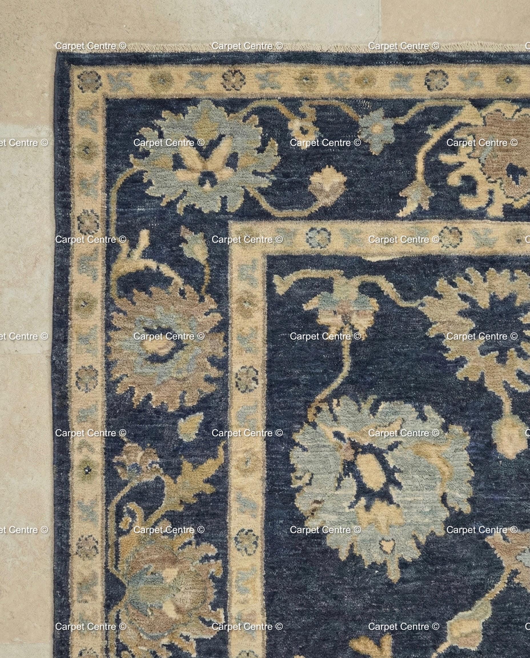 Hand-Knotted Navy Oushak Rug, Wool Floral Turkish Carpet, Traditional Living Room Decor