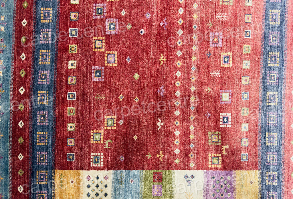 Hand-Knotted Bamboo Silk Rug | Red Geometric Tribal Gabbeh Carpet (7'5"x5'9")
