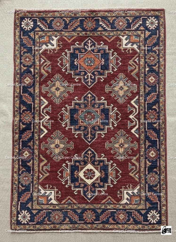 Hand-Knotted Red Oushak Wool Rug, Heriz Medallion, Navy Border