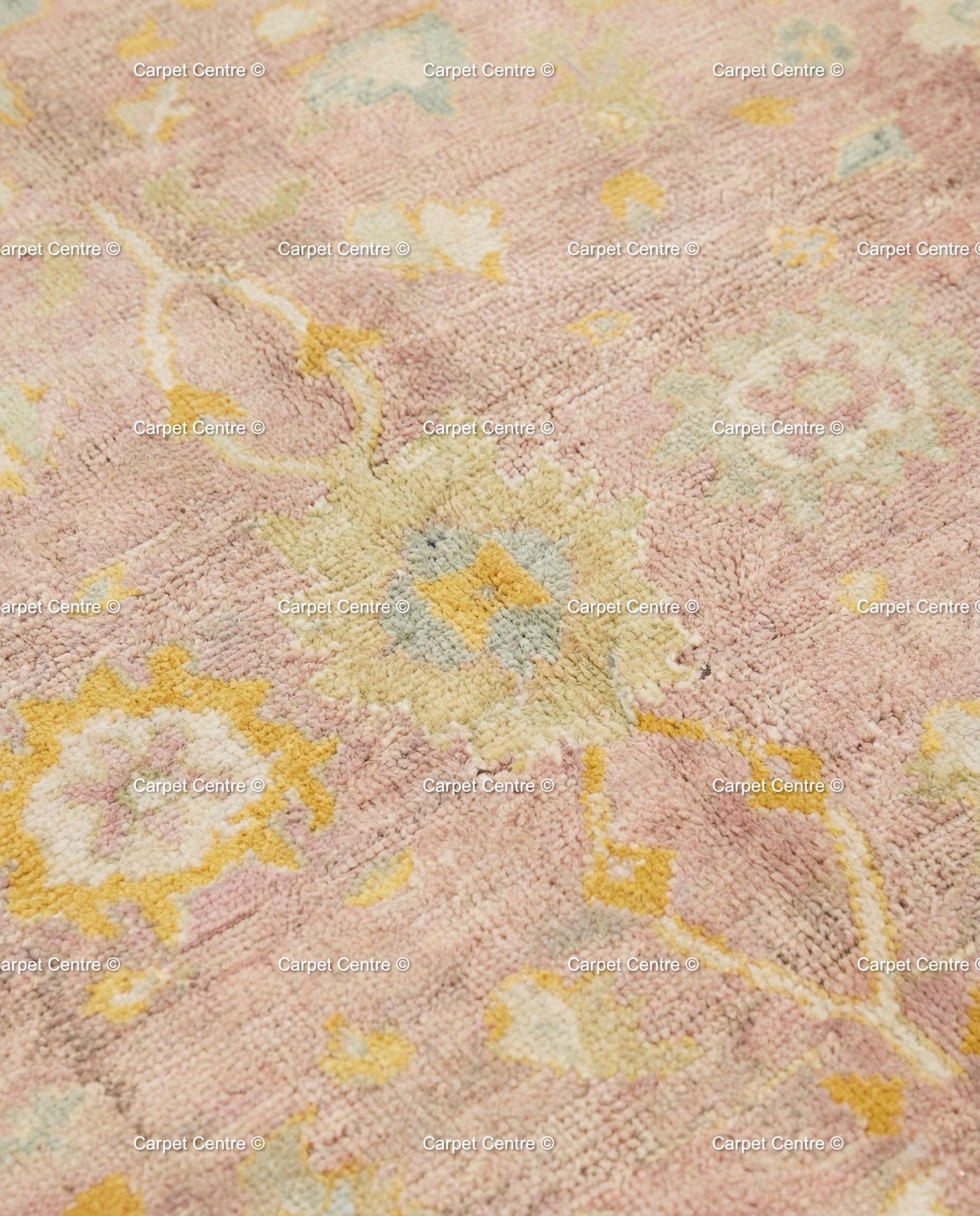 Hand Knotted Wool Oushak Rug, Pink Floral, Vintage Turkish Style